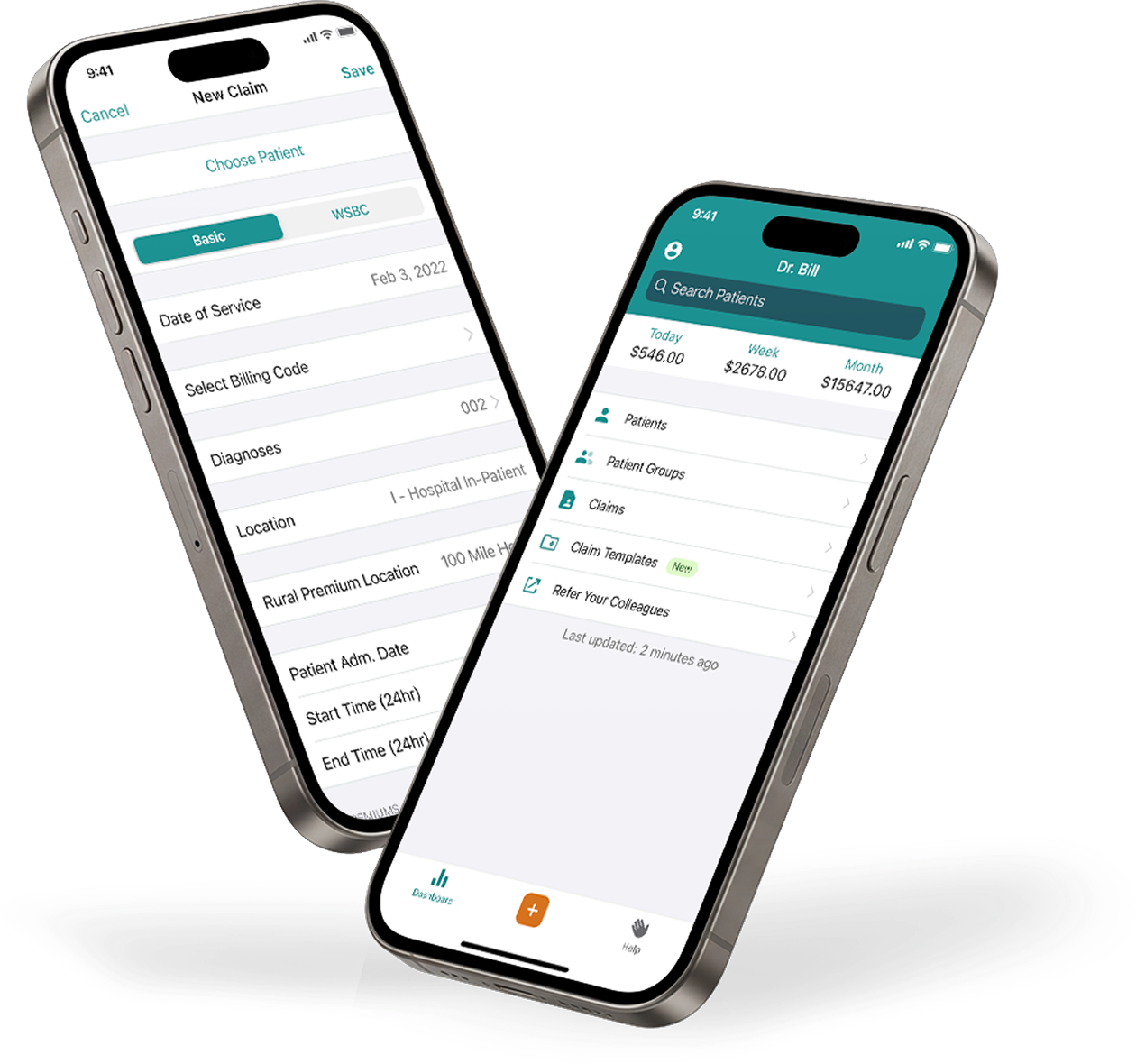 Mobile billing app interface on two smartphones, featuring a dashboard with earnings summary and a new medical claim entry screen.