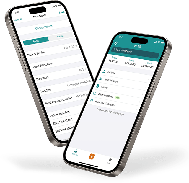 Mobile billing app interface on two smartphones, featuring a dashboard with earnings summary and a new medical claim entry screen.