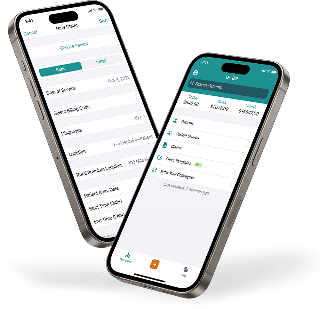 Mobile billing app interface on two smartphones, featuring a dashboard with earnings summary and a new medical claim entry screen.